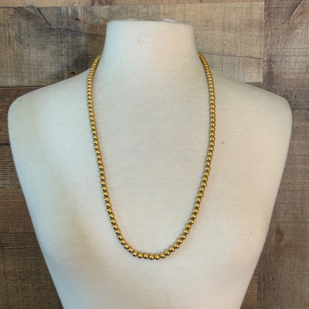 Vintage Gold Tone Polished Round Bead Strand Necklace 30 Inch